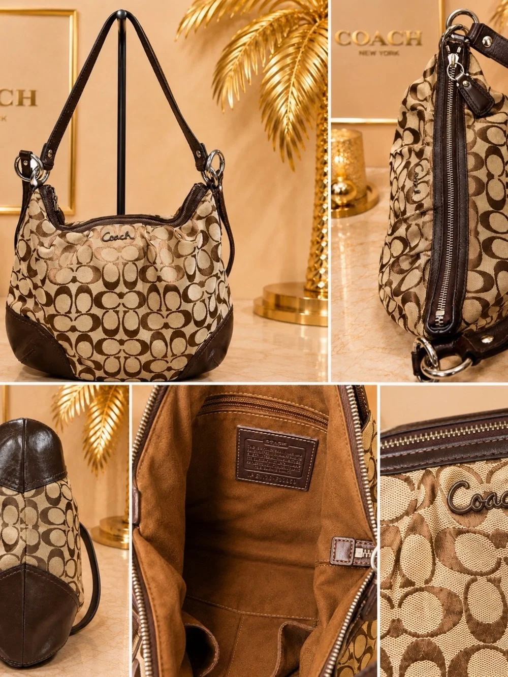 Coach Brown Signature Canvas Year 2007 Shoulder Bag with Dark Brown Leather Trim